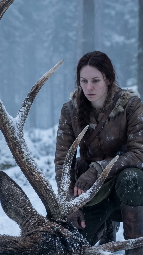 Lyra kneeling beside the fallen stag